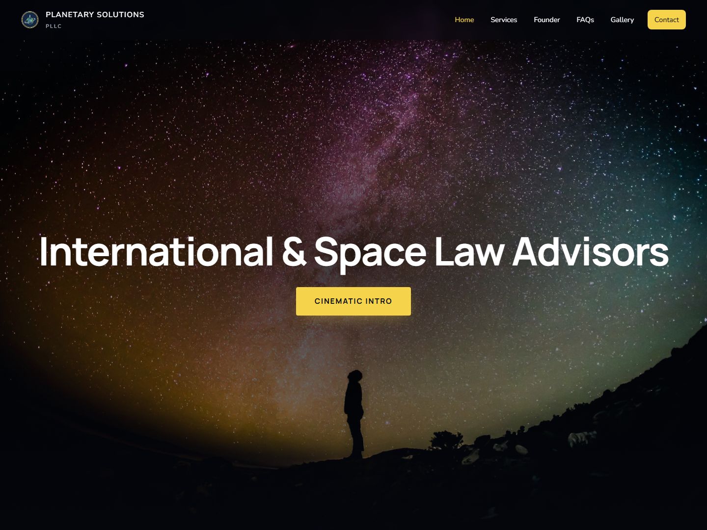 planetarysolutions.net homepage screenshot — International & Space Law Advisors hero on a Milky Way background